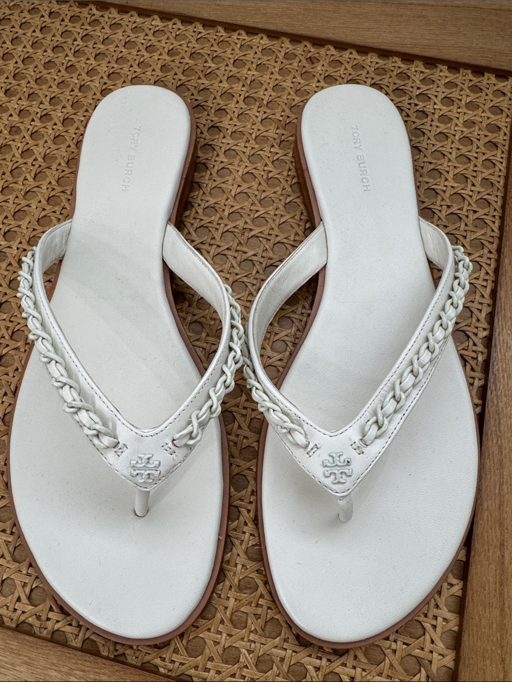 Tory Burch White Braided Leather Thong Sandals with Logo